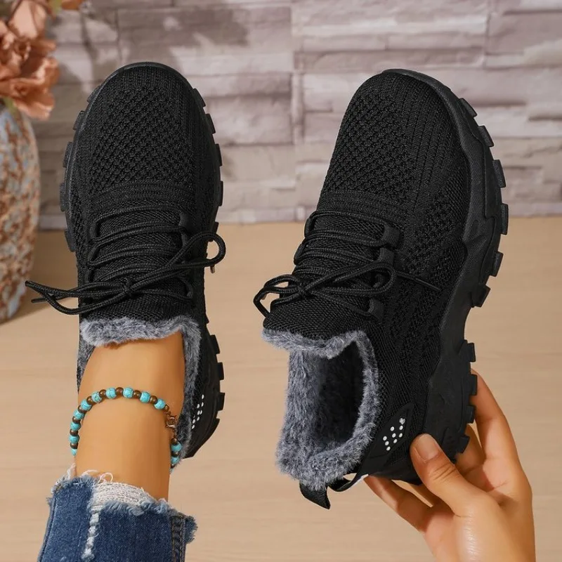 Knit Fabric Lace Up Sneakers - Damskie zimowe termoaktywne sneakersy z dzianiny,